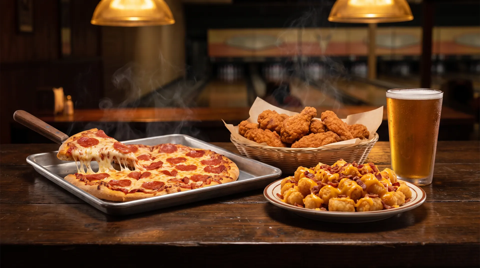Hand-tossed pizza, wings and loaded tots on a bar table