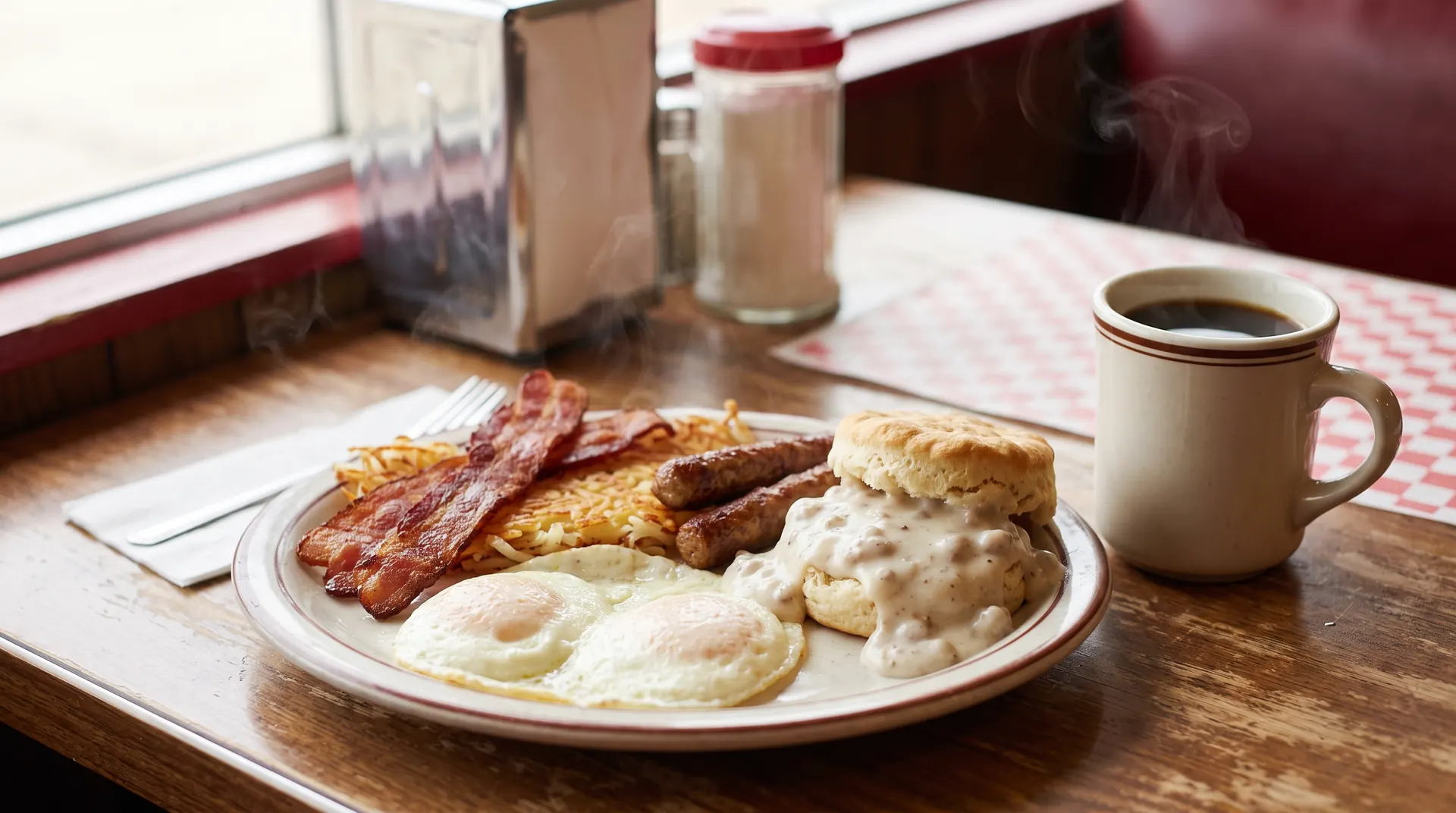Eggs, hash browns, bacon and biscuits with sausage gravy