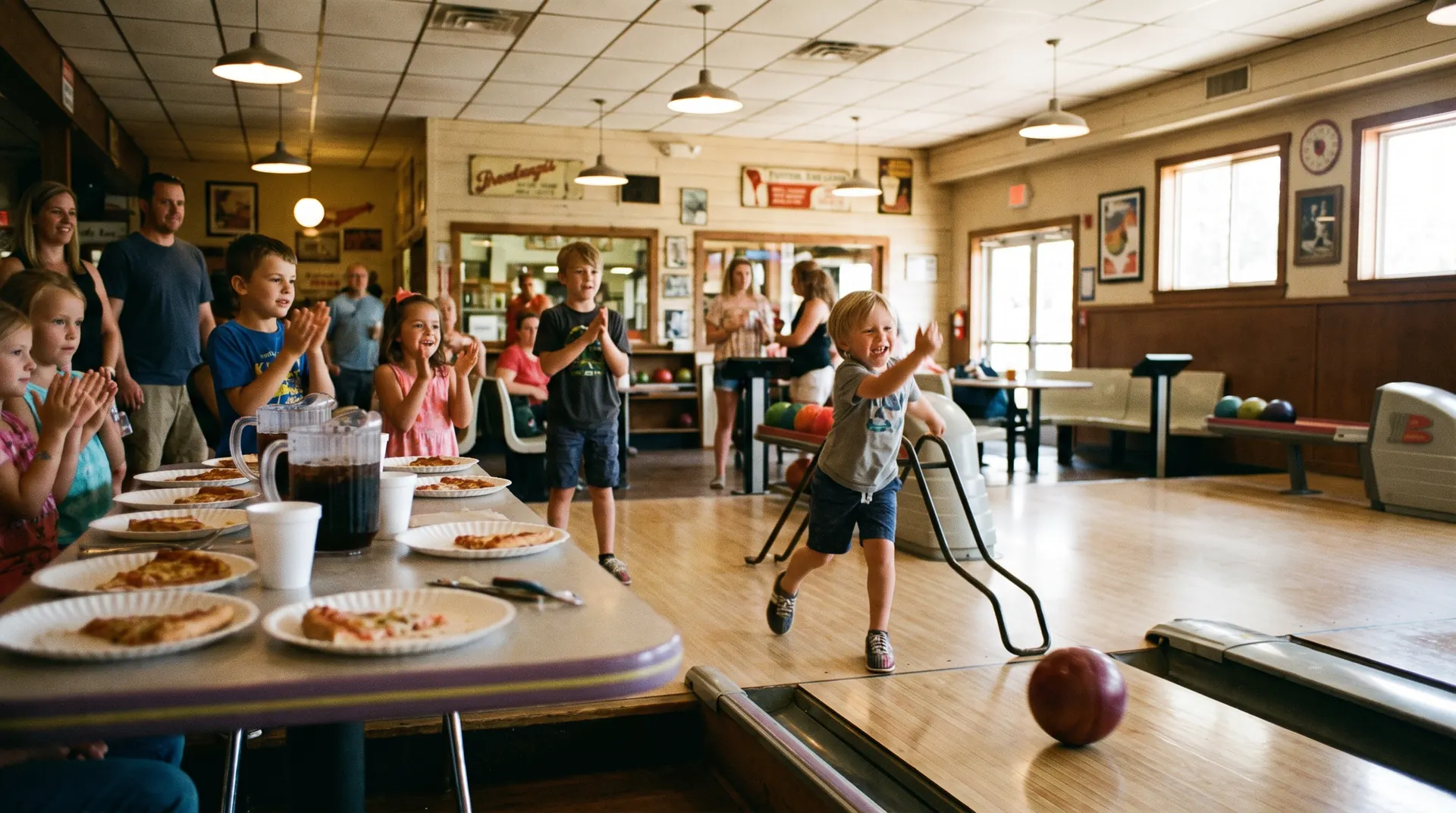 A child bowling with bumpers up while friends cheer