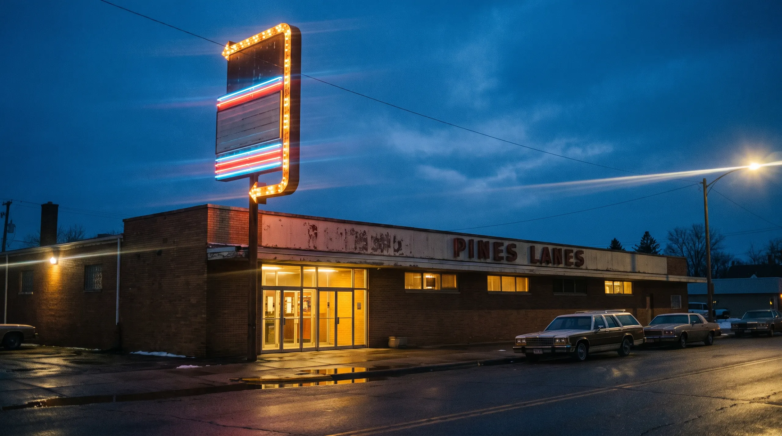 The bowling alley at dusk with its roadside sign lit