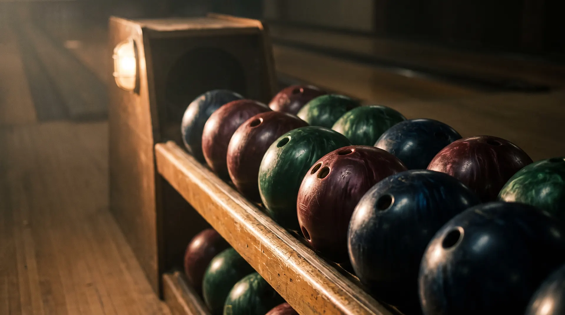 A rack of marbled house bowling balls